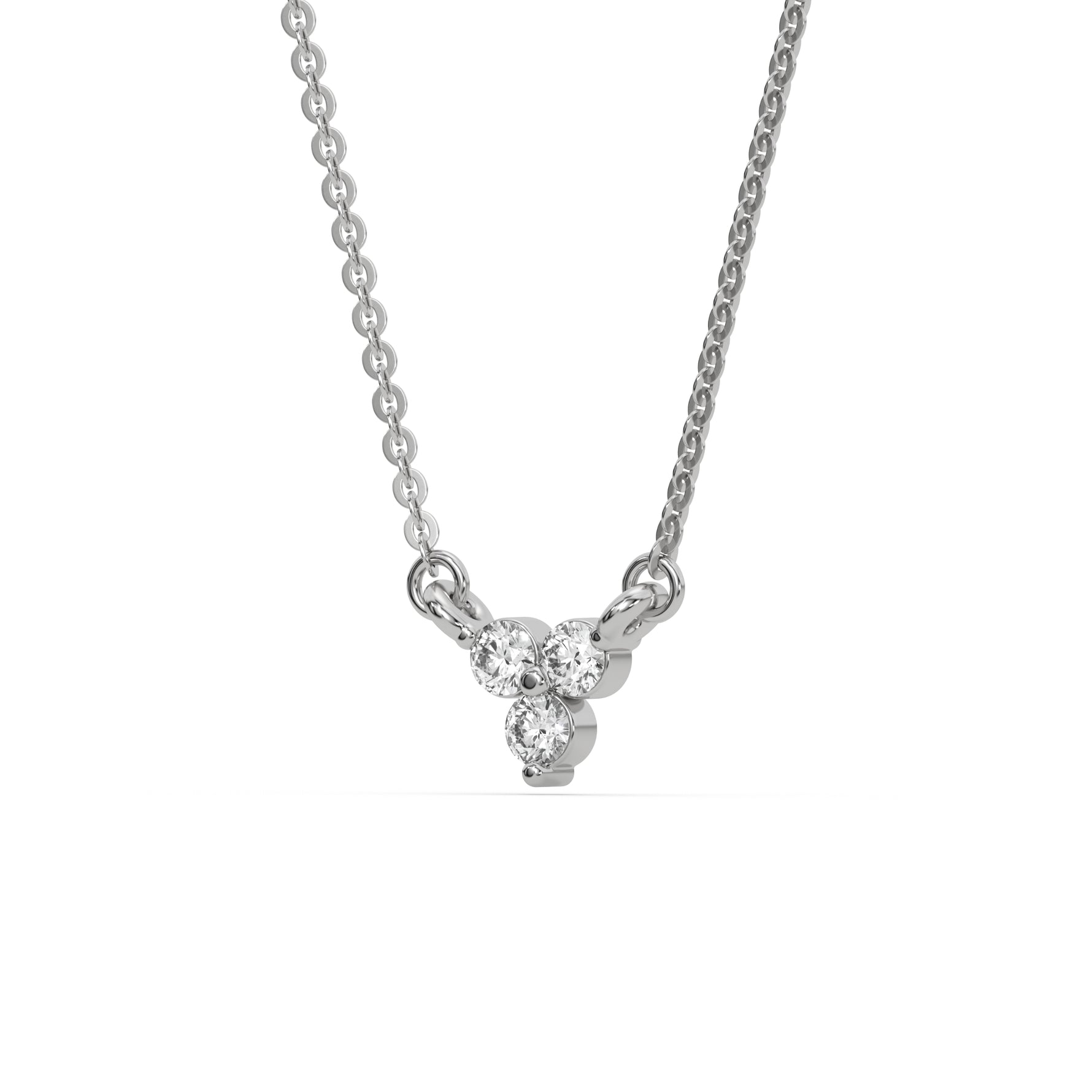 This white gold Trio Diamond Necklace made with three round brilliant-cut diamonds, securely set in bezel setting in side view