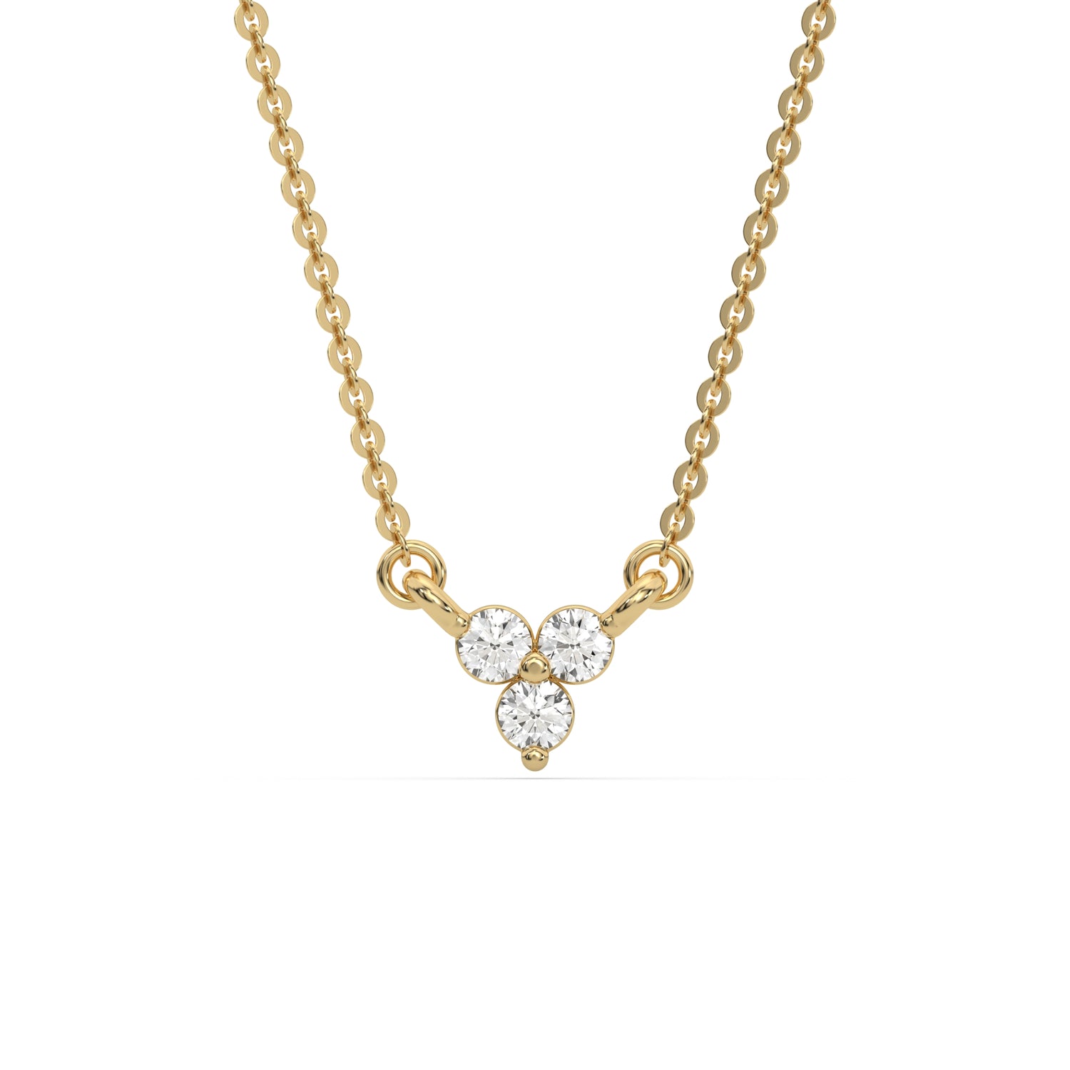 This yellow gold Trio Diamond Necklace made with three round brilliant-cut diamonds, securely set in bezel setting in top view