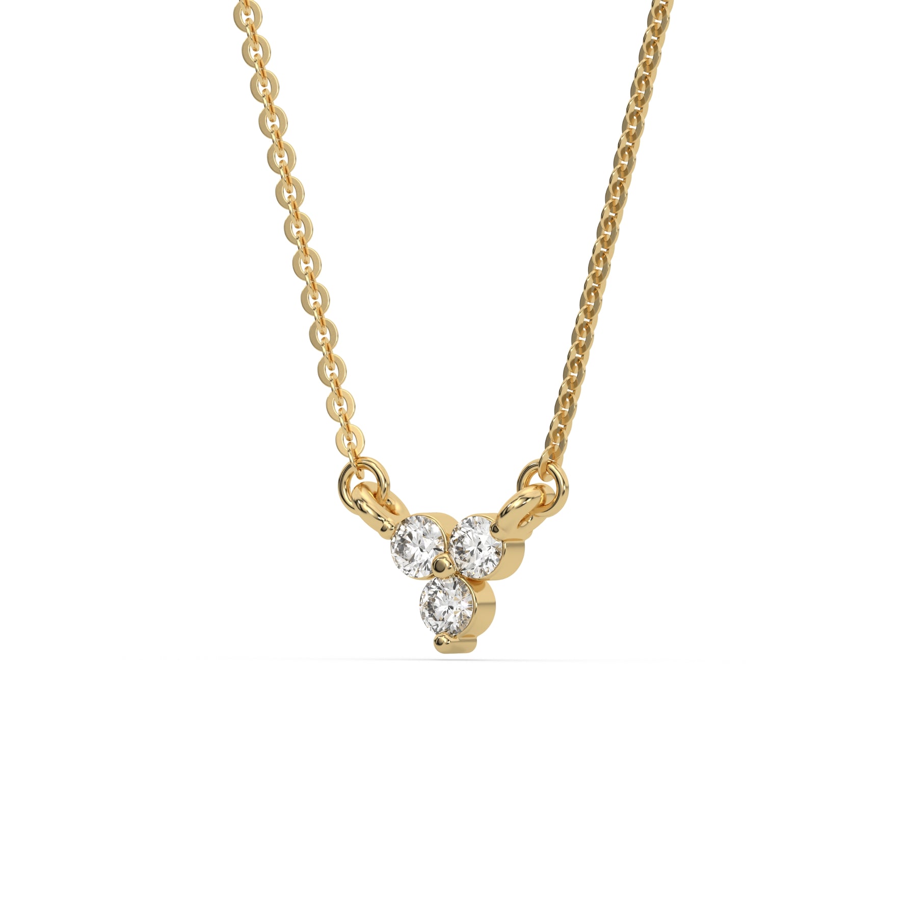 This yellow gold Trio Diamond Necklace made with three round brilliant-cut diamonds, securely set in bezel setting in side view