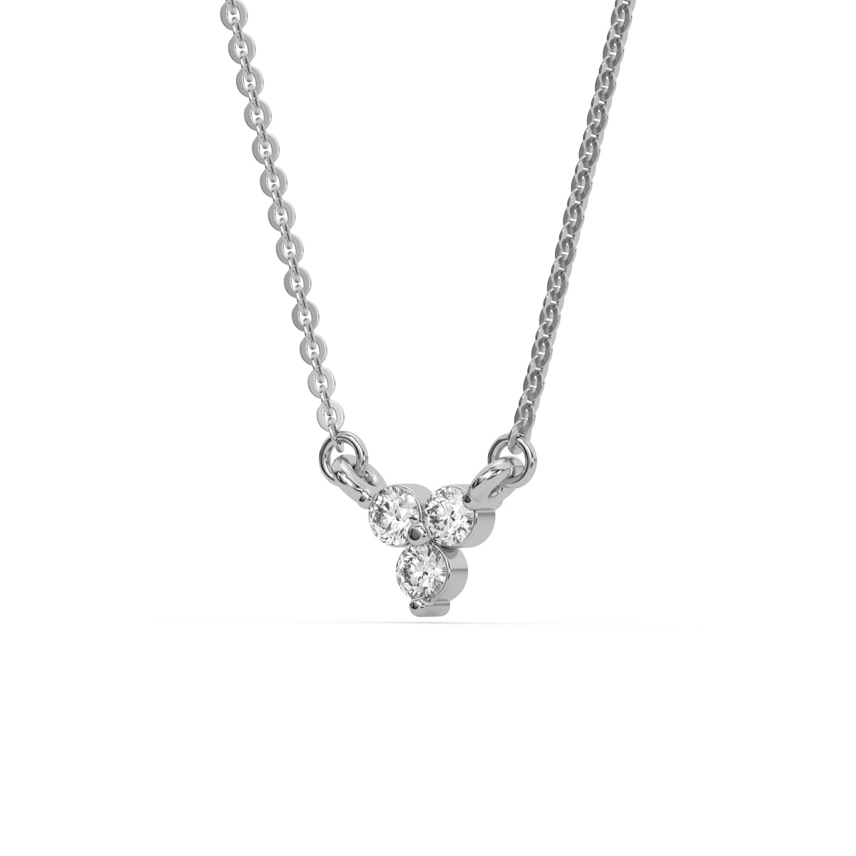 This white gold Trio Diamond Necklace made with three round brilliant-cut diamonds, securely set in bezel setting in side view