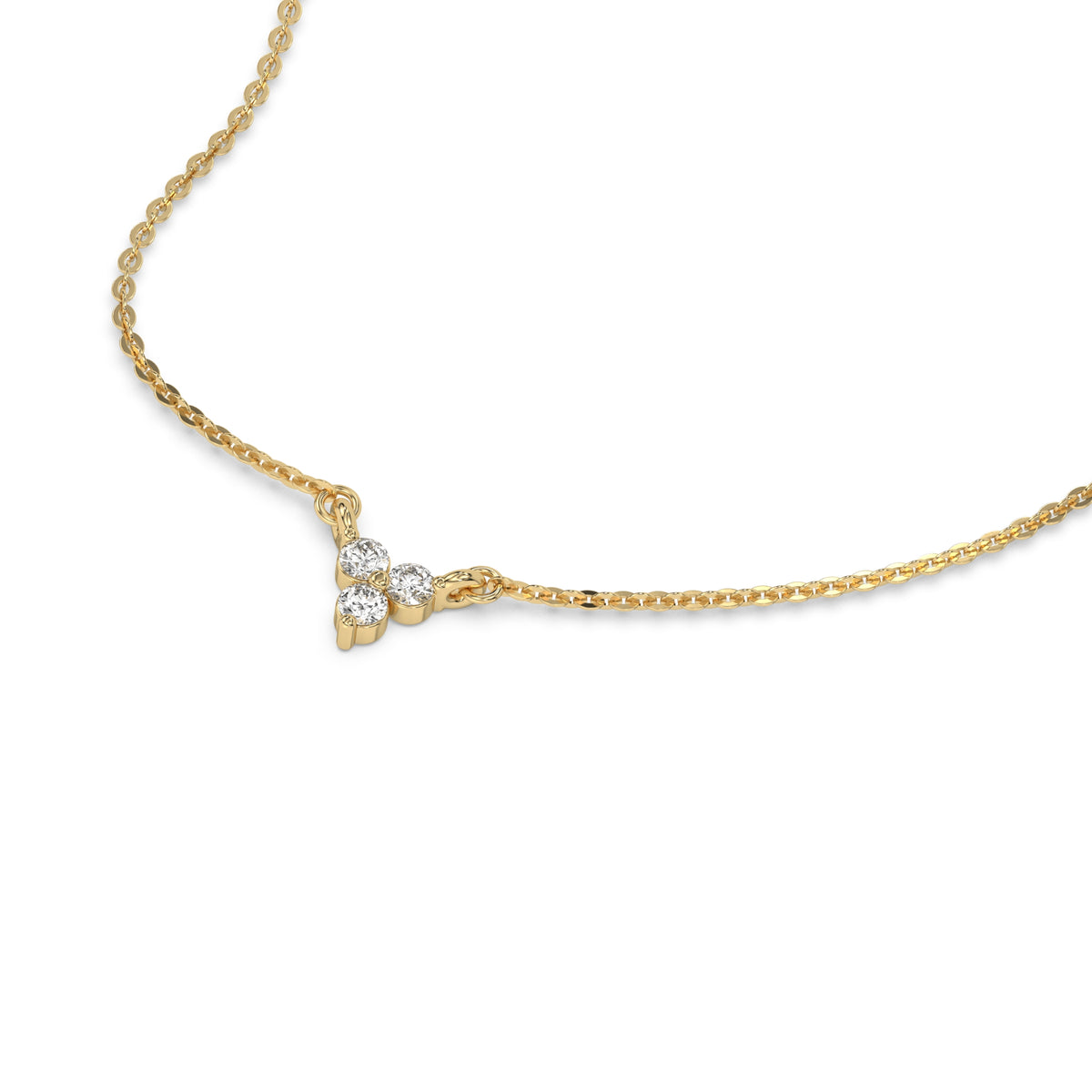 This yellow gold Trio Diamond Necklace made with three round brilliant-cut diamonds, securely set in bezel setting in 3d view