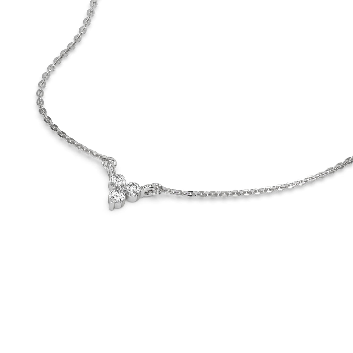 This white gold Trio Diamond Necklace made with three round brilliant-cut diamonds, securely set in bezel setting in 3d view