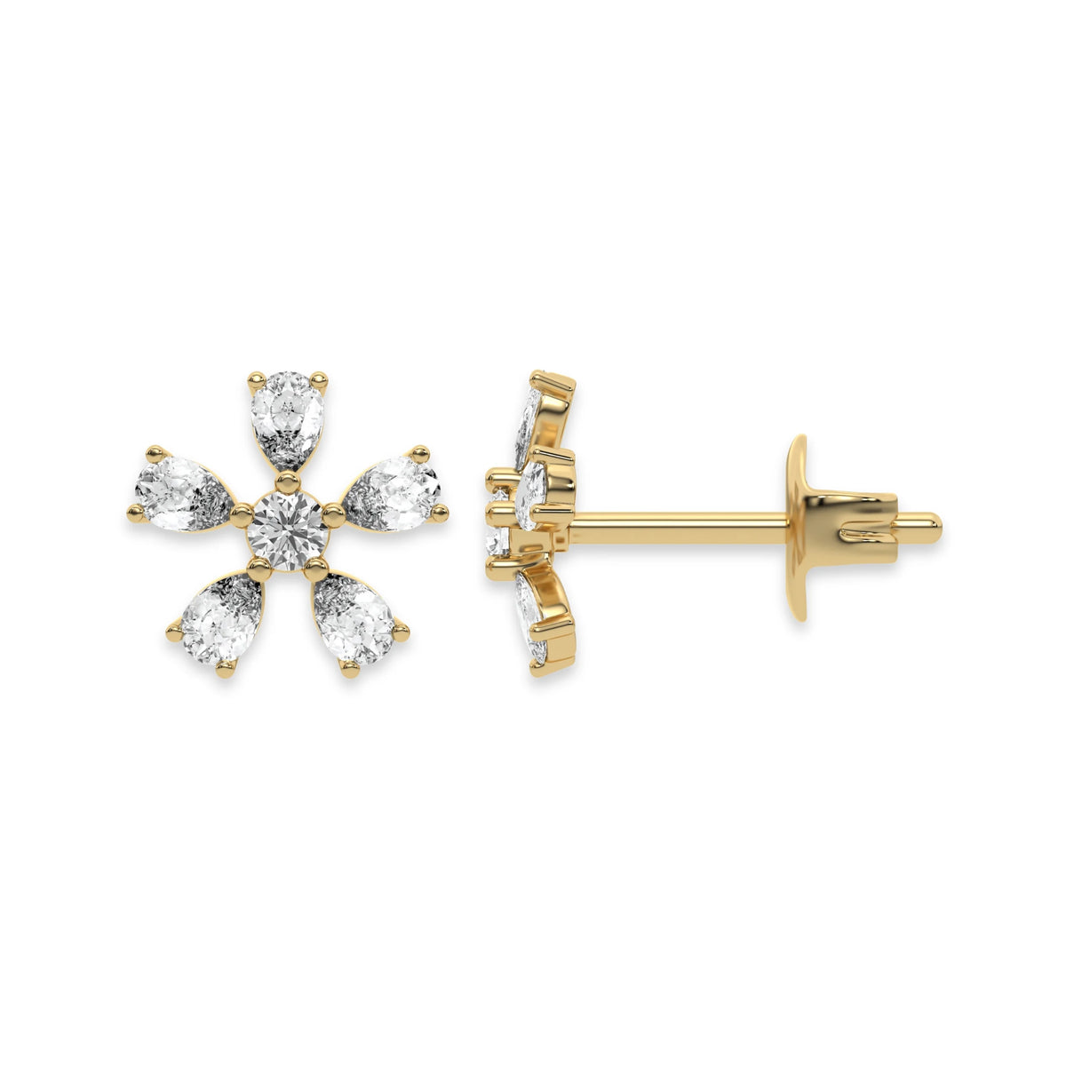 Front and side view of a prong-set pear and round diamond stud earring in yellow gold, showcasing a five-petal flower cluster setting with post and push back.