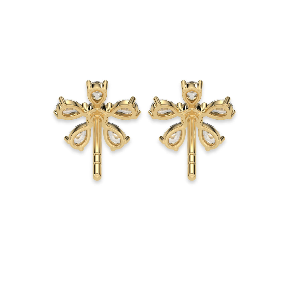 This yellow gold Floral Diamond Earrings made using pear diamonds for the petals and a round brilliant-cut diamond in the center creating a beautiful flower design, securely set in prong setting in back view