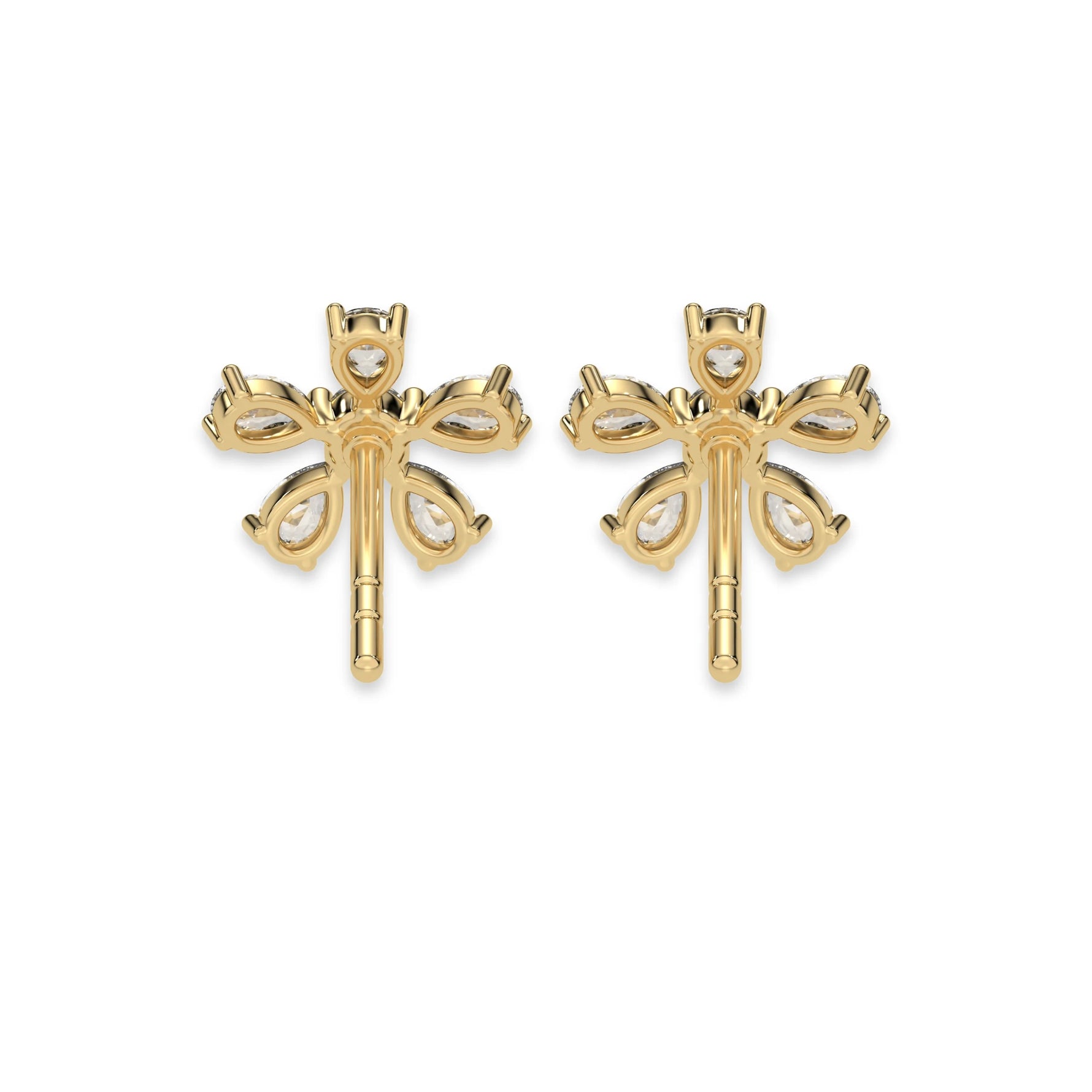 This yellow gold Floral Diamond Earrings made using pear diamonds for the petals and a round brilliant-cut diamond in the center creating a beautiful flower design, securely set in prong setting in back view