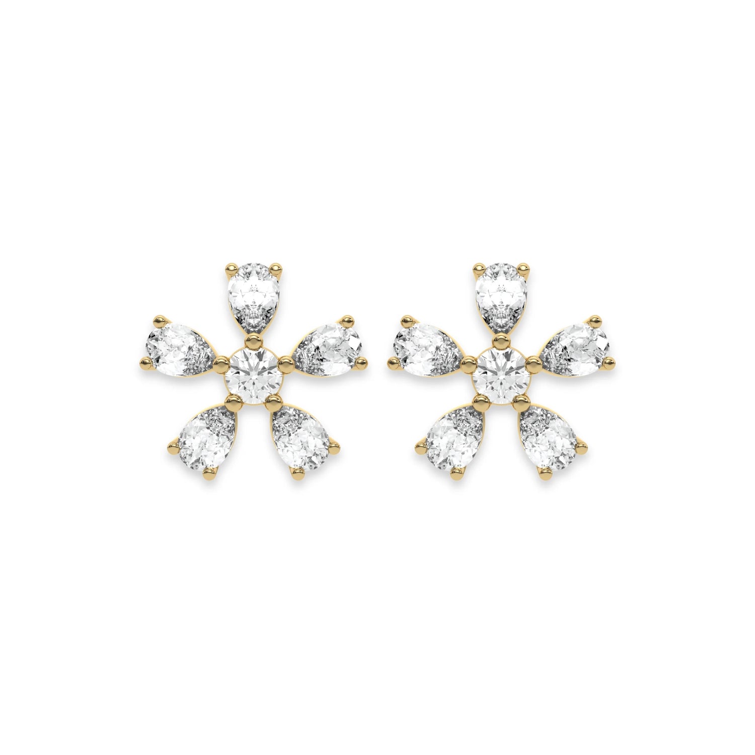 This yellow gold Floral Diamond Earrings made using pear diamonds for the petals and a round brilliant-cut diamond in the center creating a beautiful flower design, securely set in prong setting in top view