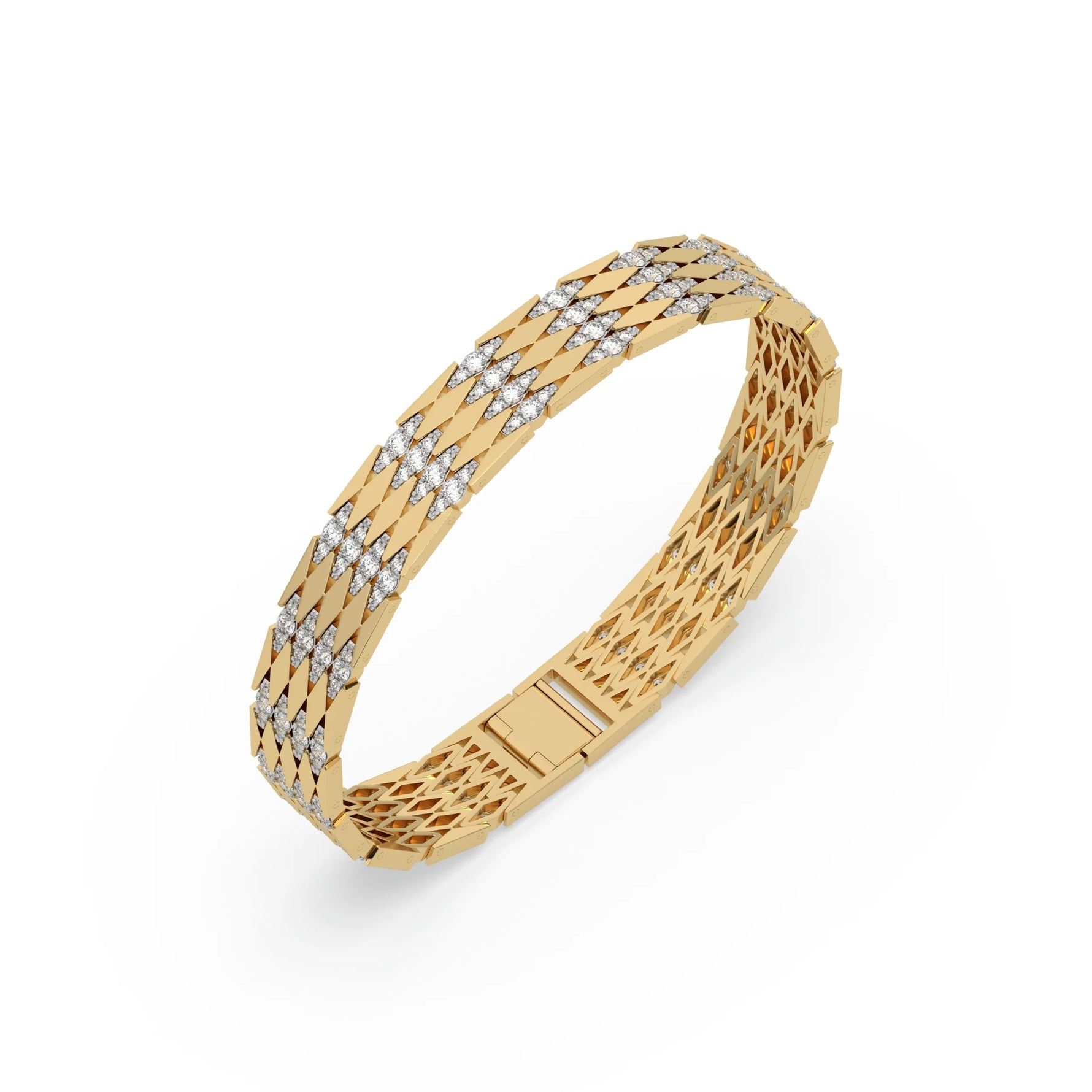 This yellow gold Diamond link bracelet features 4.35 CT of round cut diamonds set in a prong setting in 3d view