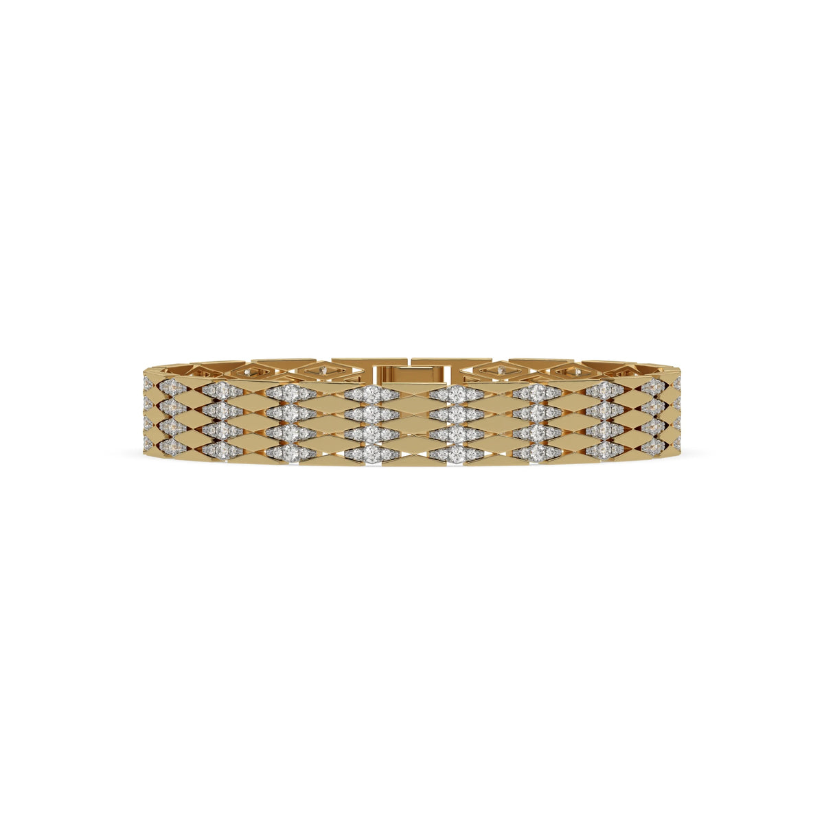 This yellow gold Diamond link bracelet features 4.35 CT of round cut diamonds set in a prong setting in top view