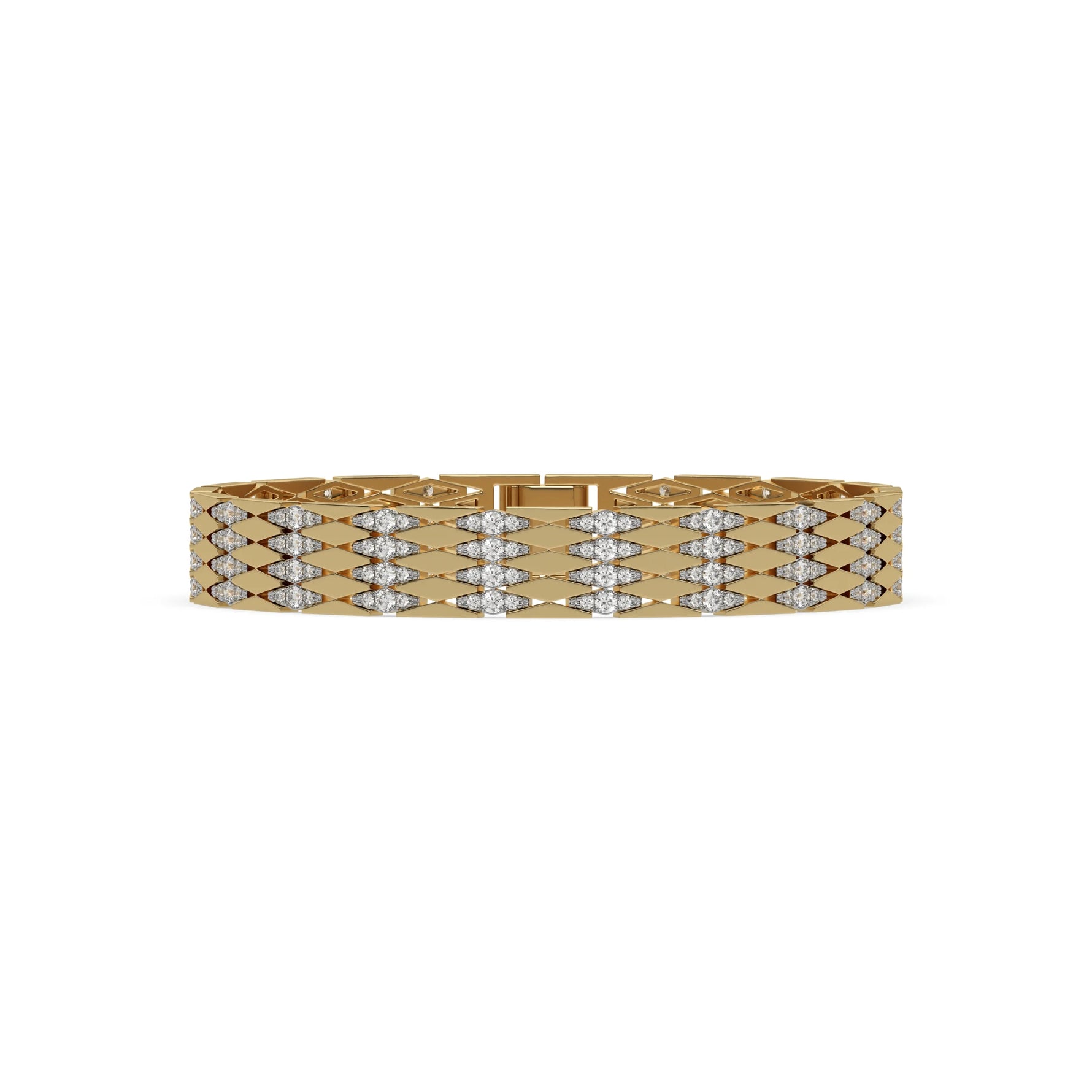 This yellow gold Diamond link bracelet features 4.35 CT of round cut diamonds set in a prong setting in top view