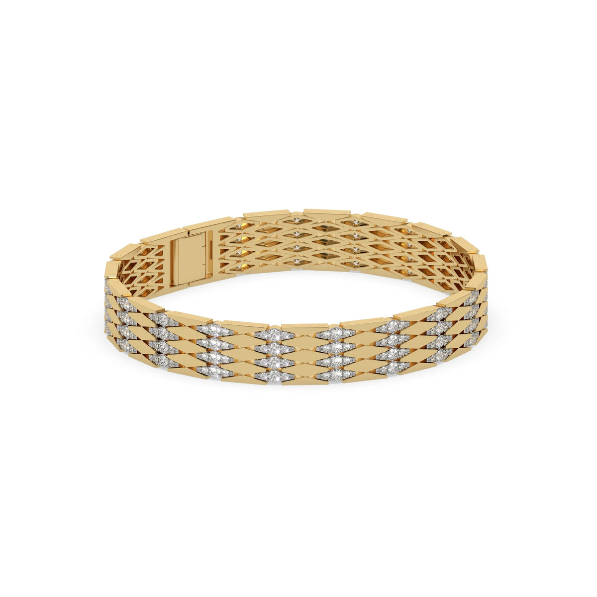 This yellow gold Diamond link bracelet features 4.35 CT of round cut diamonds set in a prong setting in side view