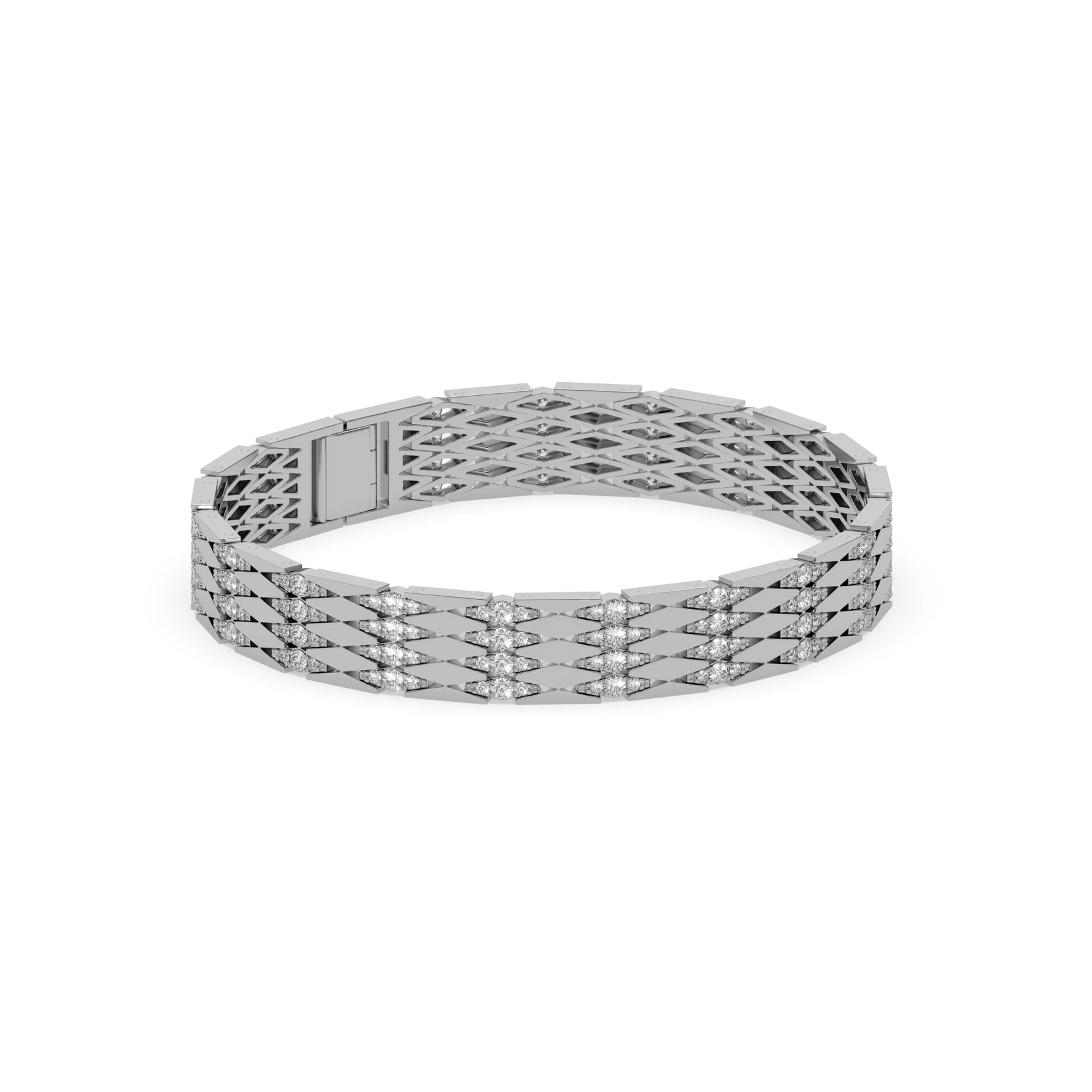 This white gold Diamond link bracelet features 4.35 CT of round cut diamonds set in a prong setting in side view