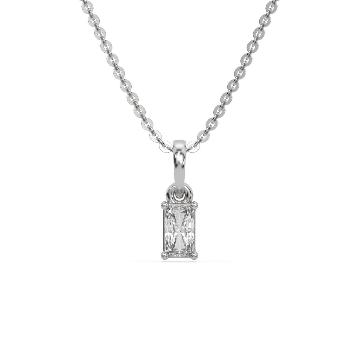 This white gold Radiant Solitaire Diamond Necklace made with radiant cut diamond in a four prong setting with adjustable chain in top view