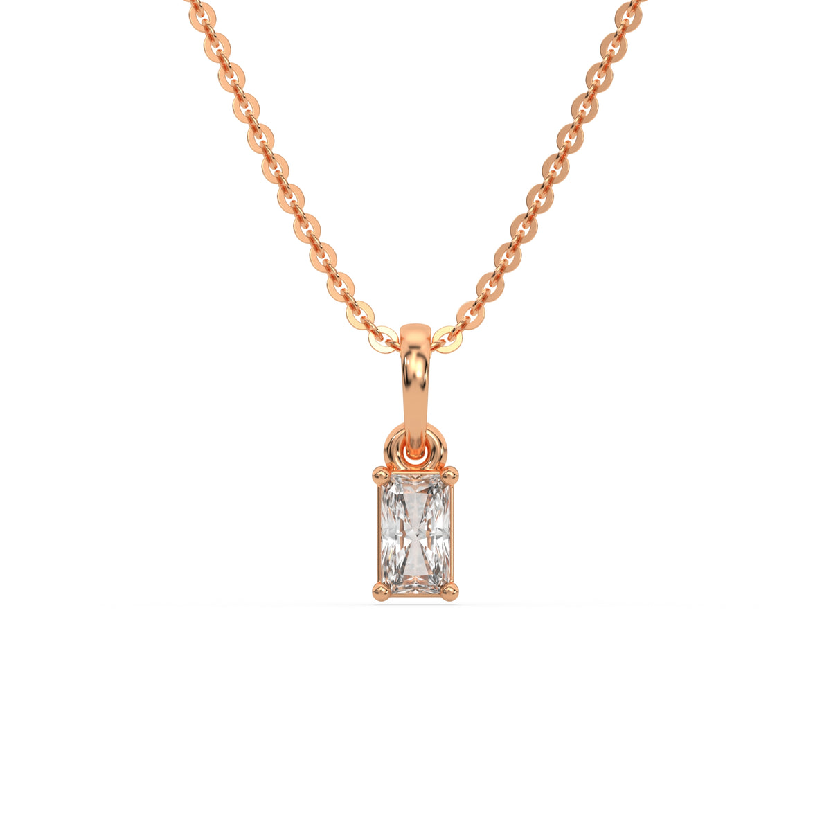 This rose gold Radiant Solitaire Diamond Necklace made with radiant cut diamond in a four prong setting with adjustable chain in top view