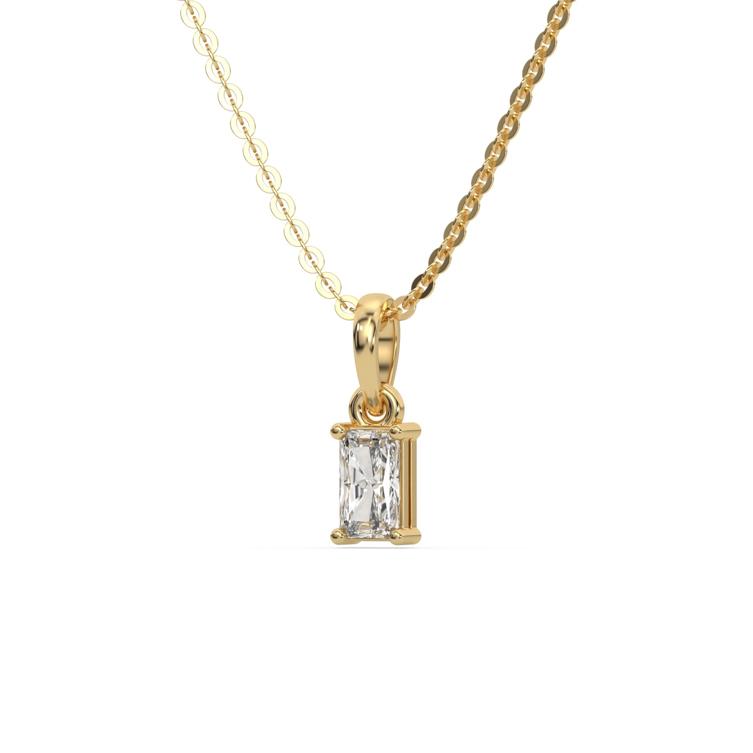 This yellow gold Radiant Solitaire Diamond Necklace made with radiant cut diamond in a four prong setting with adjustable chain in side view