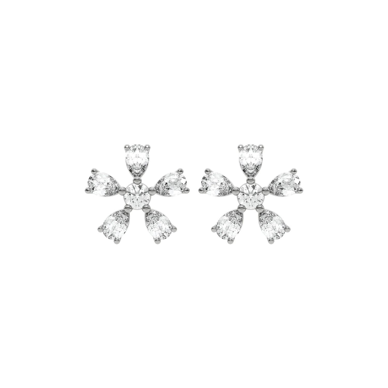 18k white gold pear shaped and round cut diamond flower stud earrings set in prongs.