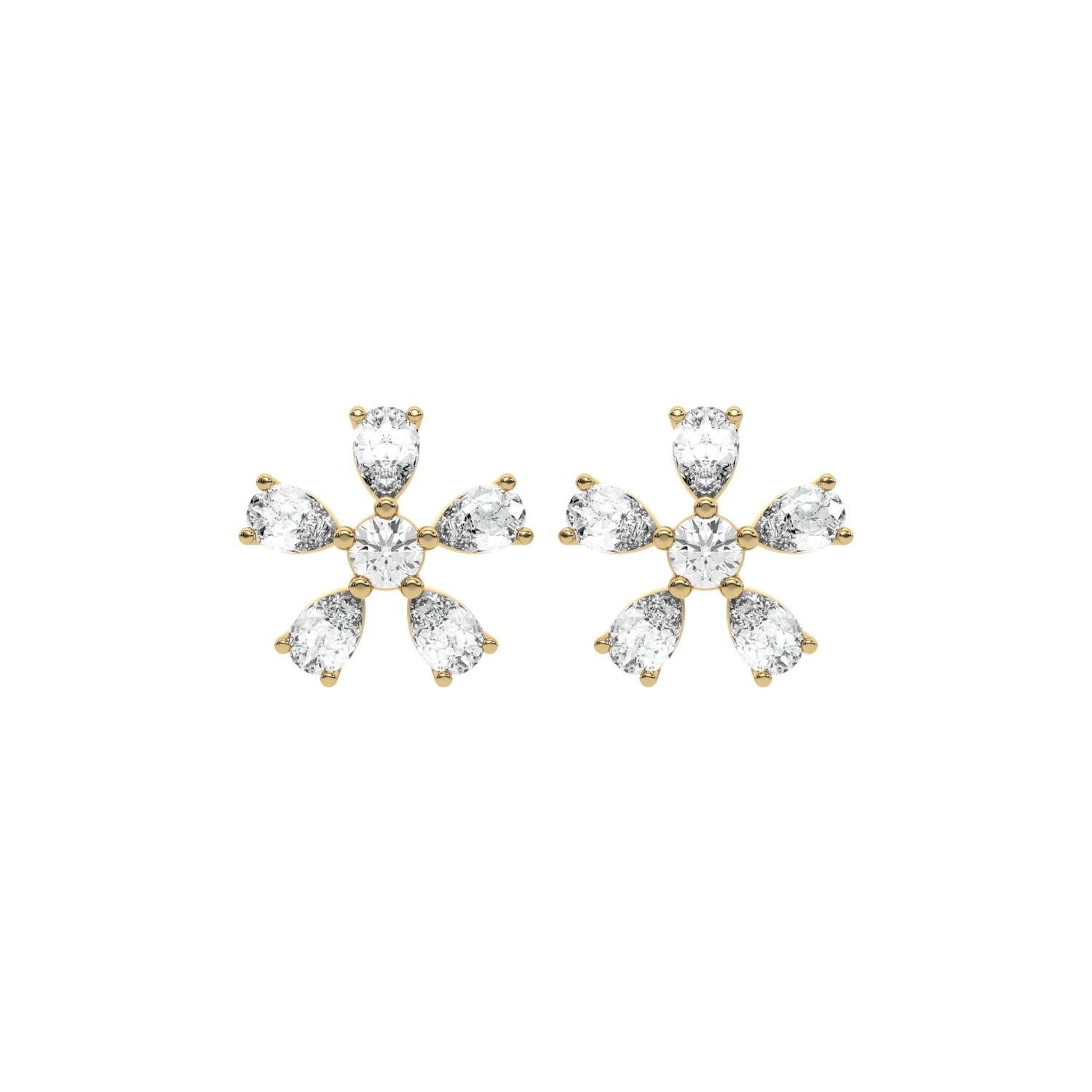 18k Yellow gold pear shaped and round cut diamond flower stud earrings set in prongs.