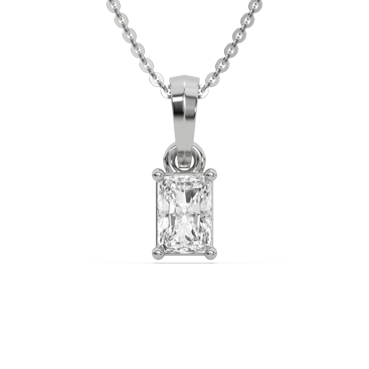 Radiant diamond necklace with a prong-set, radiant-cut pendant, suspended on a fine white gold cable chain against a white background.