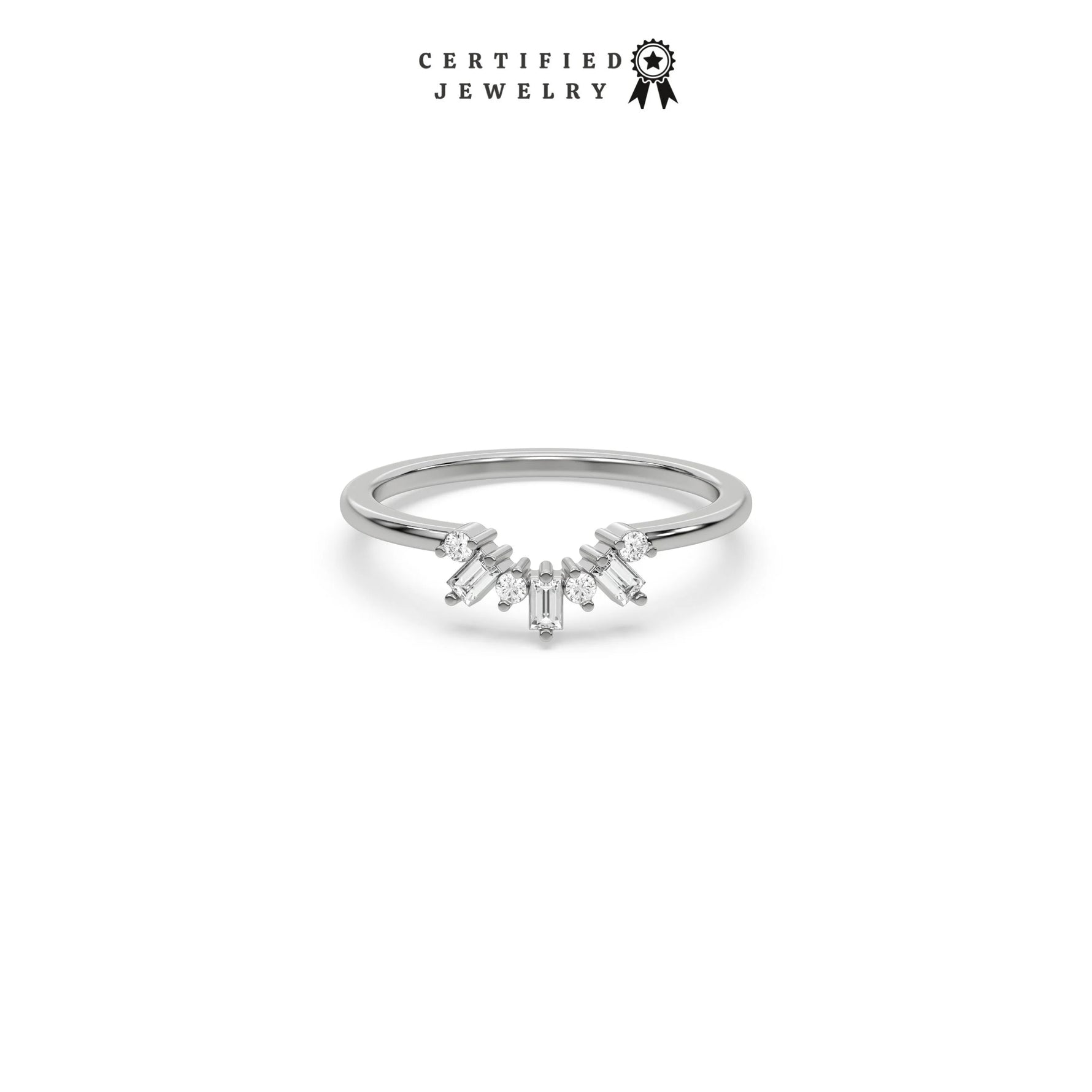 This white gold ring displayed in front view is made with round brilliant-cut diamonds and baguette diamonds all set in a shared prong setting