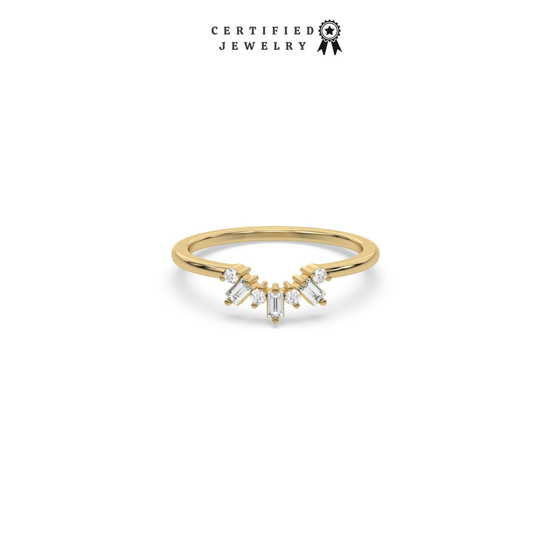 This yellow gold ring displayed in front view is made with round brilliant-cut diamonds and baguette diamonds all set in a shared prong setting