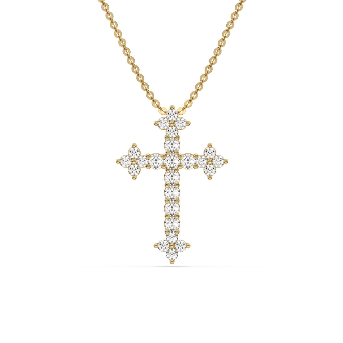 Stunning yellow gold prong-set round diamond necklace with a complex filigree cross pendant. Isolated product view.