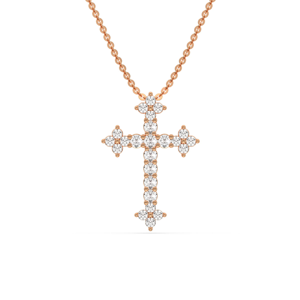18K Rose Gold Round Diamond Cross Necklace