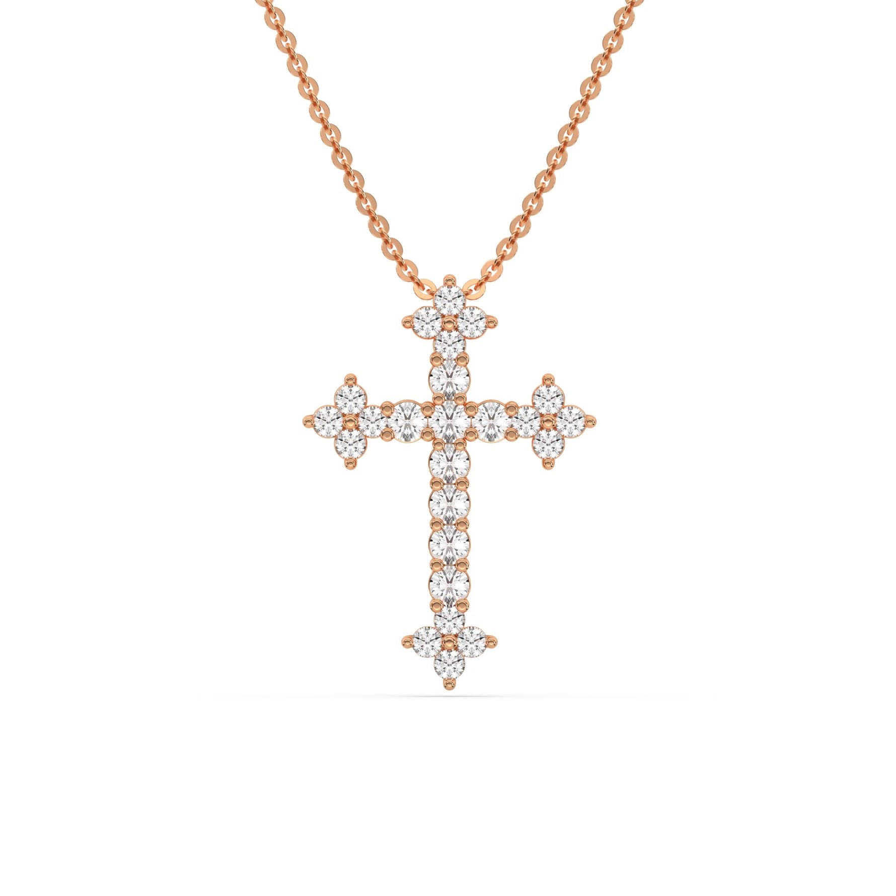 18K Rose Gold Round Cut Diamond Cross Pendant