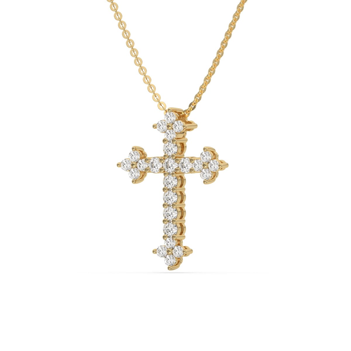 Elegant yellow gold cross pendant studded with brilliant prong-set diamonds, hanging from a chain as a classic round diamond necklace