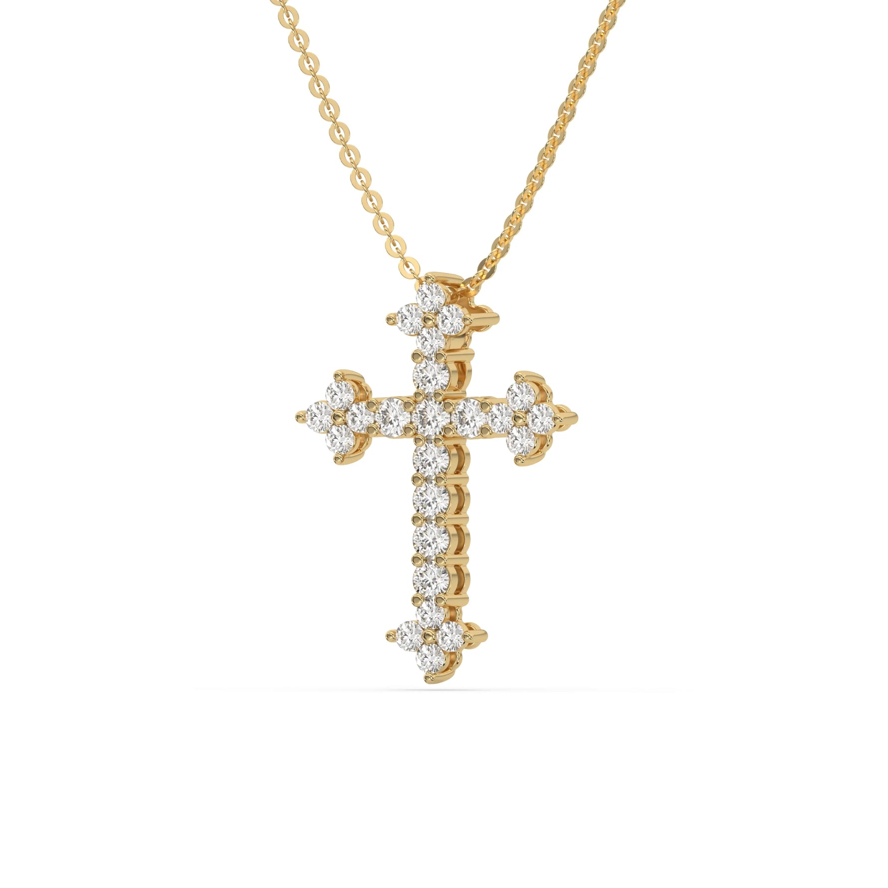 14K Yellow Gold Round Diamond Cross Necklace