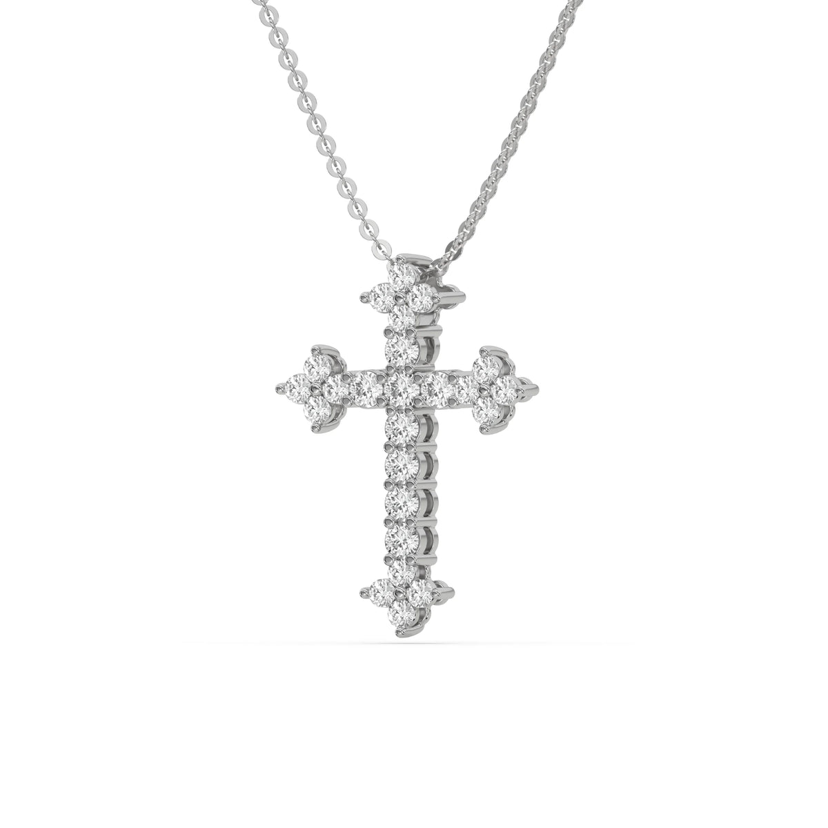 Elegant white gold cross pendant studded with brilliant prong-set diamonds, hanging from a chain as a classic round diamond necklace