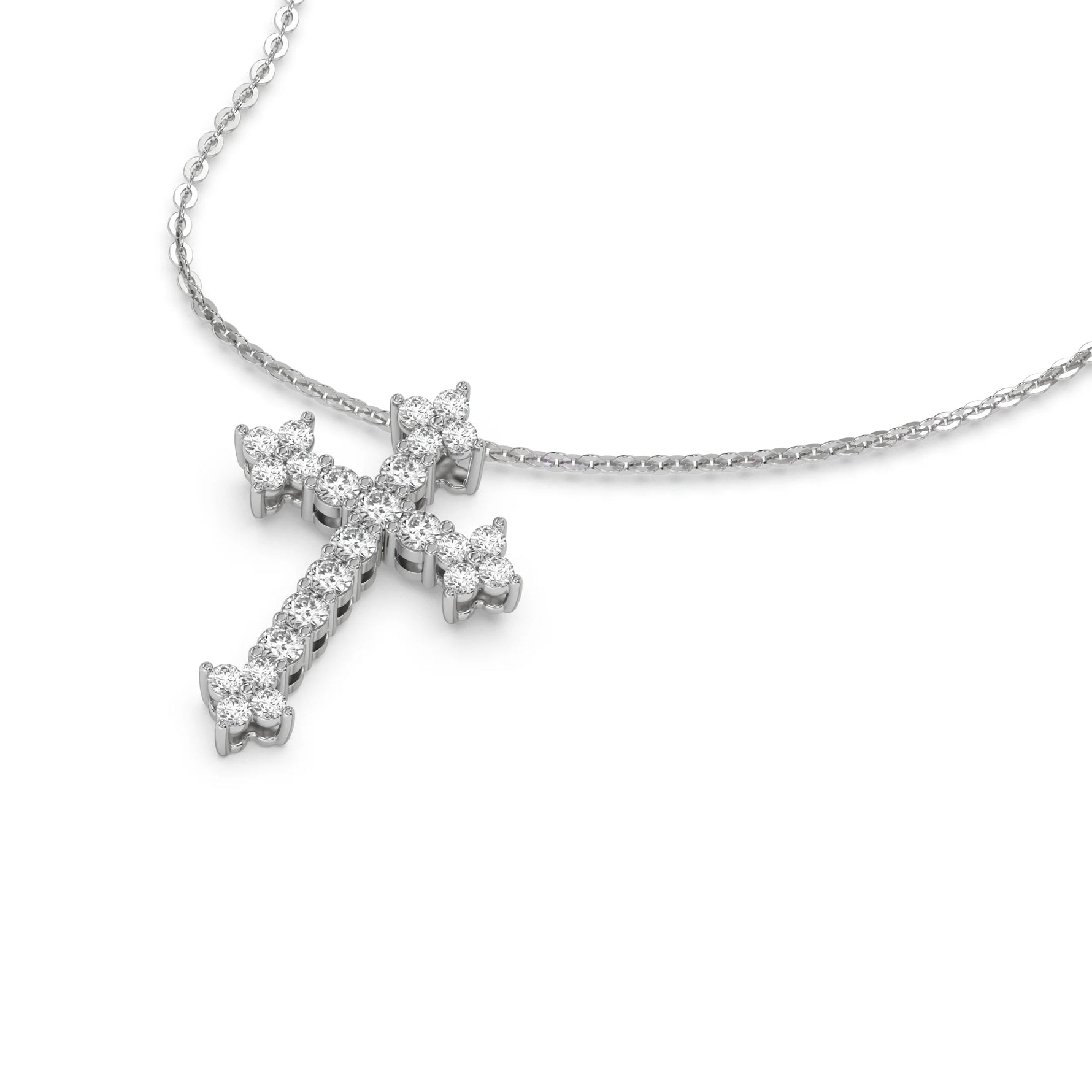 18K White Gold Round Cut Diamond Cross Necklace