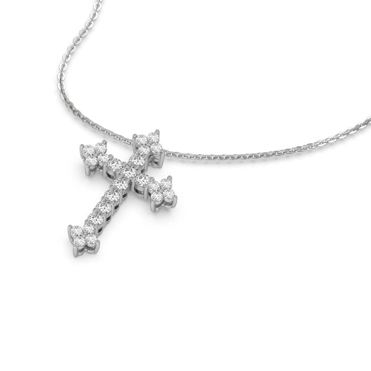 18K White Gold Round Cut Diamond Cross Pendant