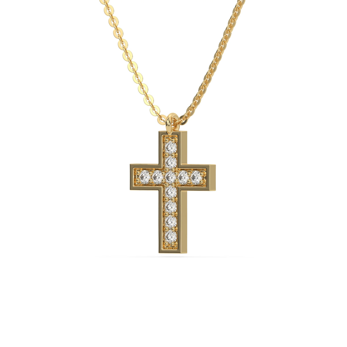 Side view of a yellow gold cross pendant on a round diamond necklace featuring brilliant pave-set stones.