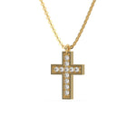 Side view of a yellow gold cross pendant on a round diamond necklace featuring brilliant pave-set stones.