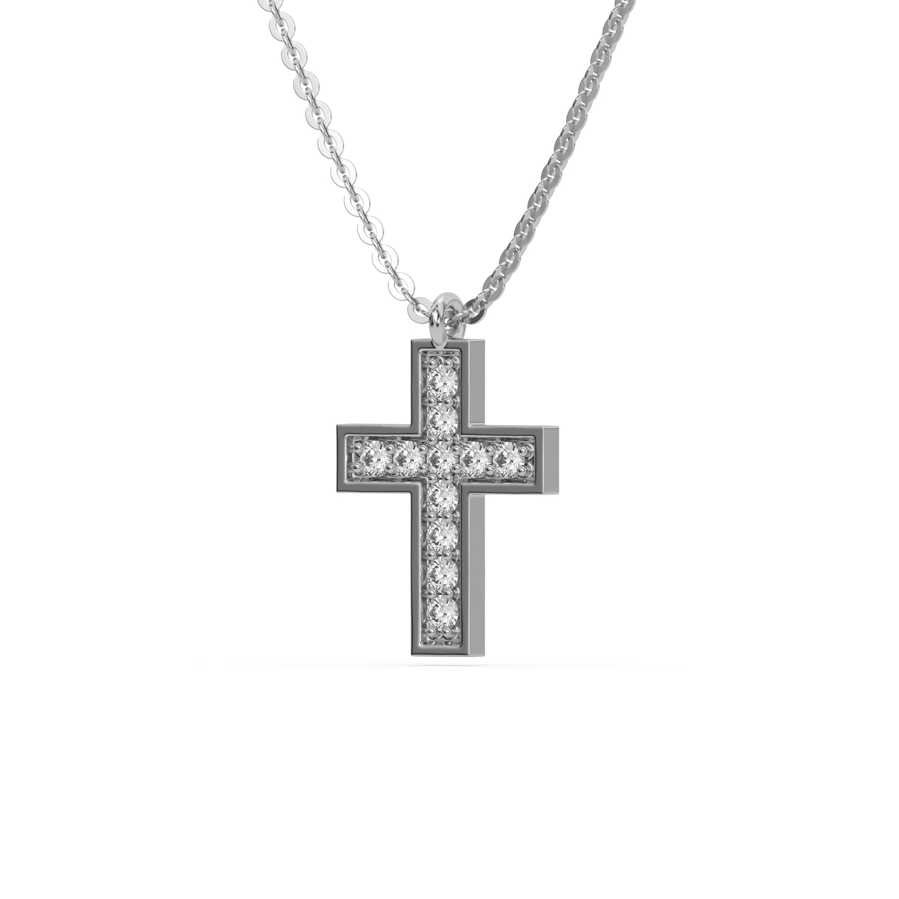 This white gold Cross Diamond Necklace made with round brilliant-cut diamonds, securely set in prong setting in side view