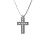 Side view of a 925 sterling silver cross pendant on a round diamond necklace featuring brilliant pave-set stones with a white background.
