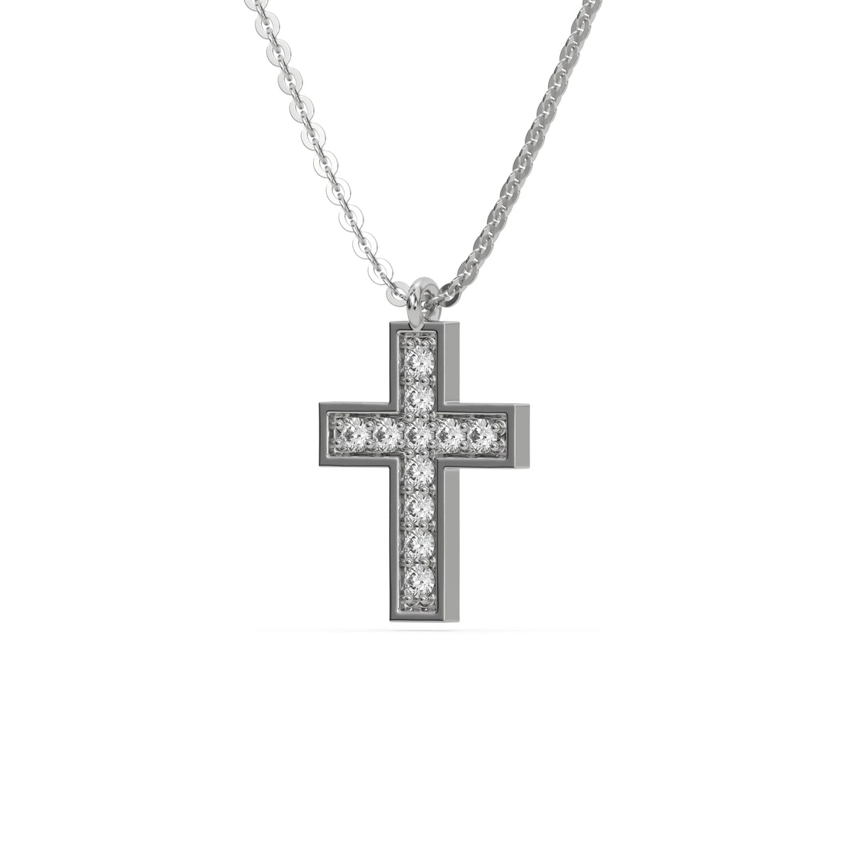 Side view of a 925 sterling silver cross pendant on a round diamond necklace featuring brilliant pave-set stones with a white background.