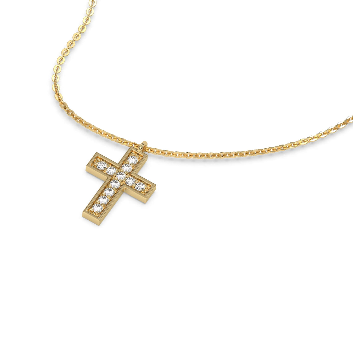 Side view of a 18K yellow gold cross pendant on a round diamond necklace featuring brilliant pave-set stones.