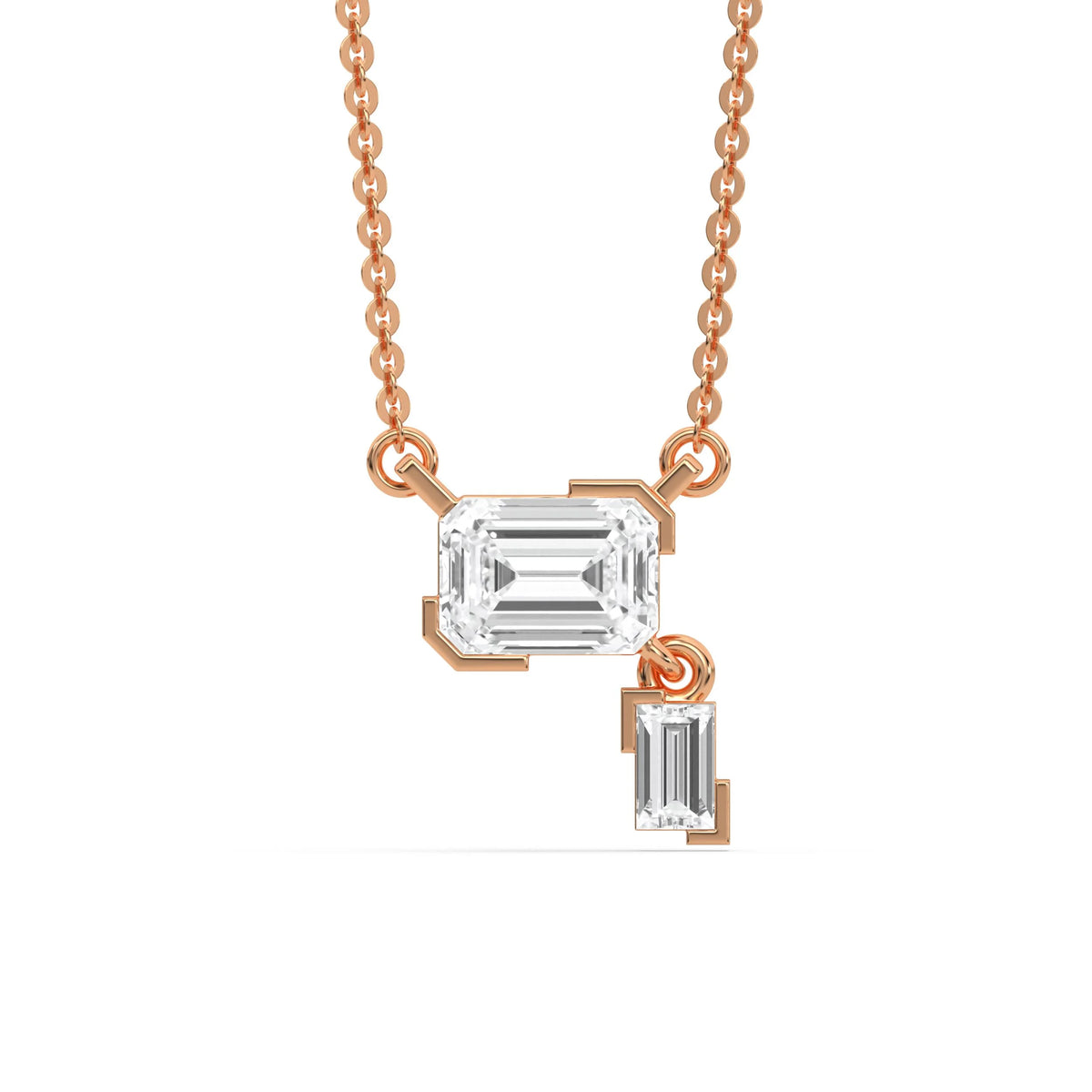 18K Rose Gold Emerald and Baguette Diamond Drop Necklace