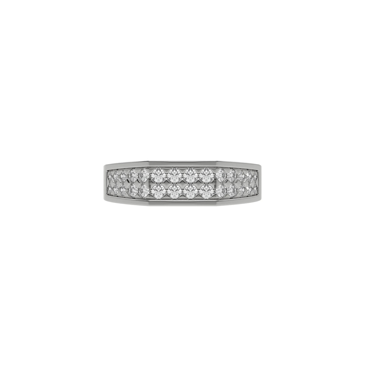 This white gold Indulge in elegance with our men dual-row diamond ring, adorned with two rows of round brilliant-cut diamonds meticulously set in a shared prong setting in top view