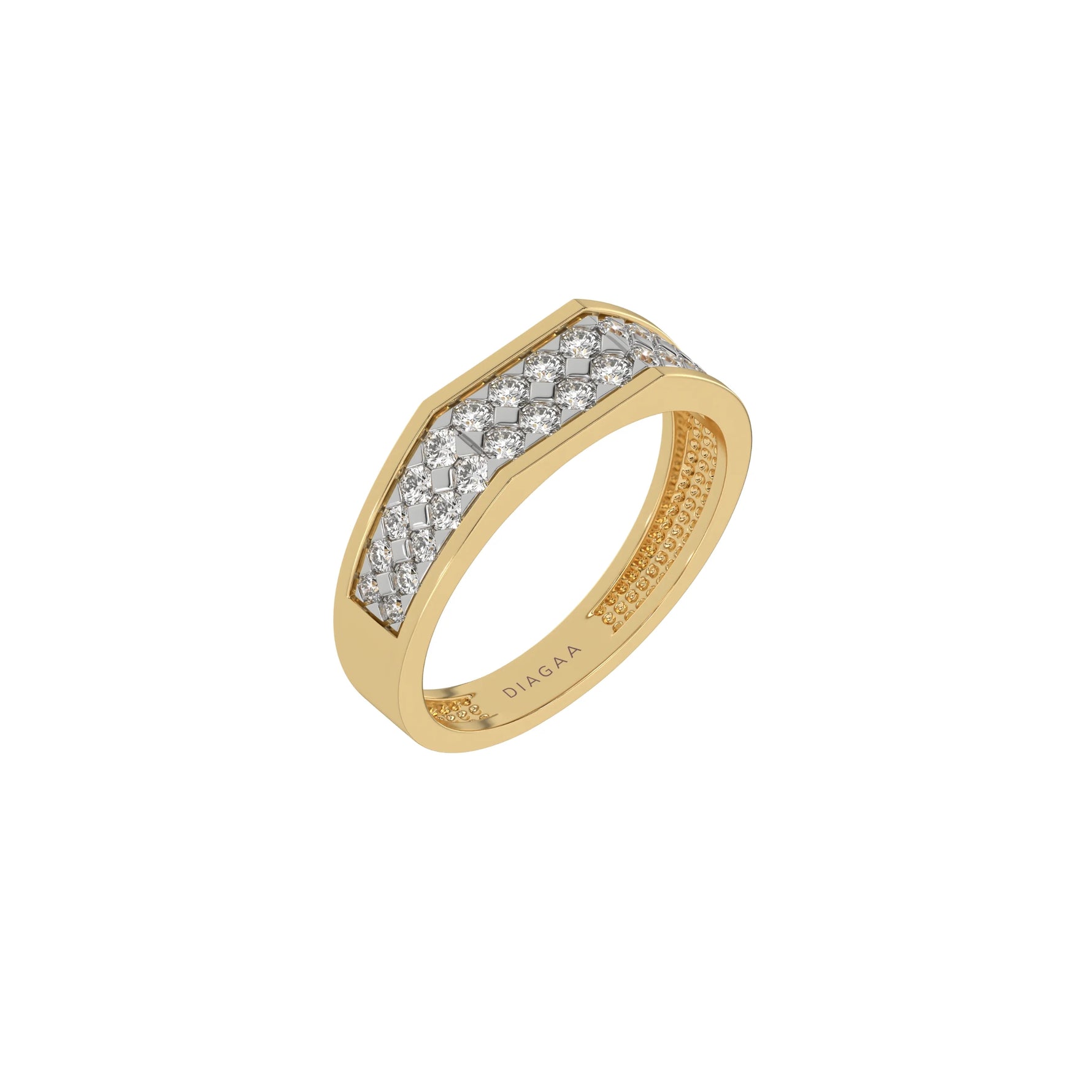 This yellow gold Indulge in elegance with our men dual-row diamond ring, adorned with two rows of round brilliant-cut diamonds meticulously set in a shared prong setting in 3d view