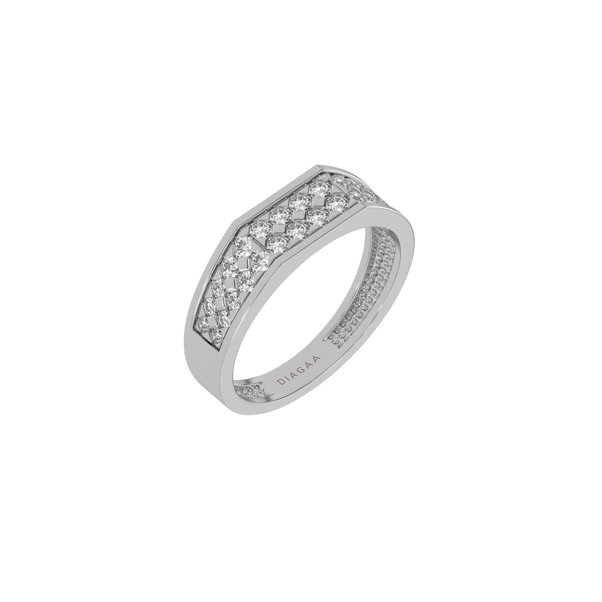 This white gold Indulge in elegance with our men dual-row diamond ring, adorned with two rows of round brilliant-cut diamonds meticulously set in a shared prong setting in 3d view