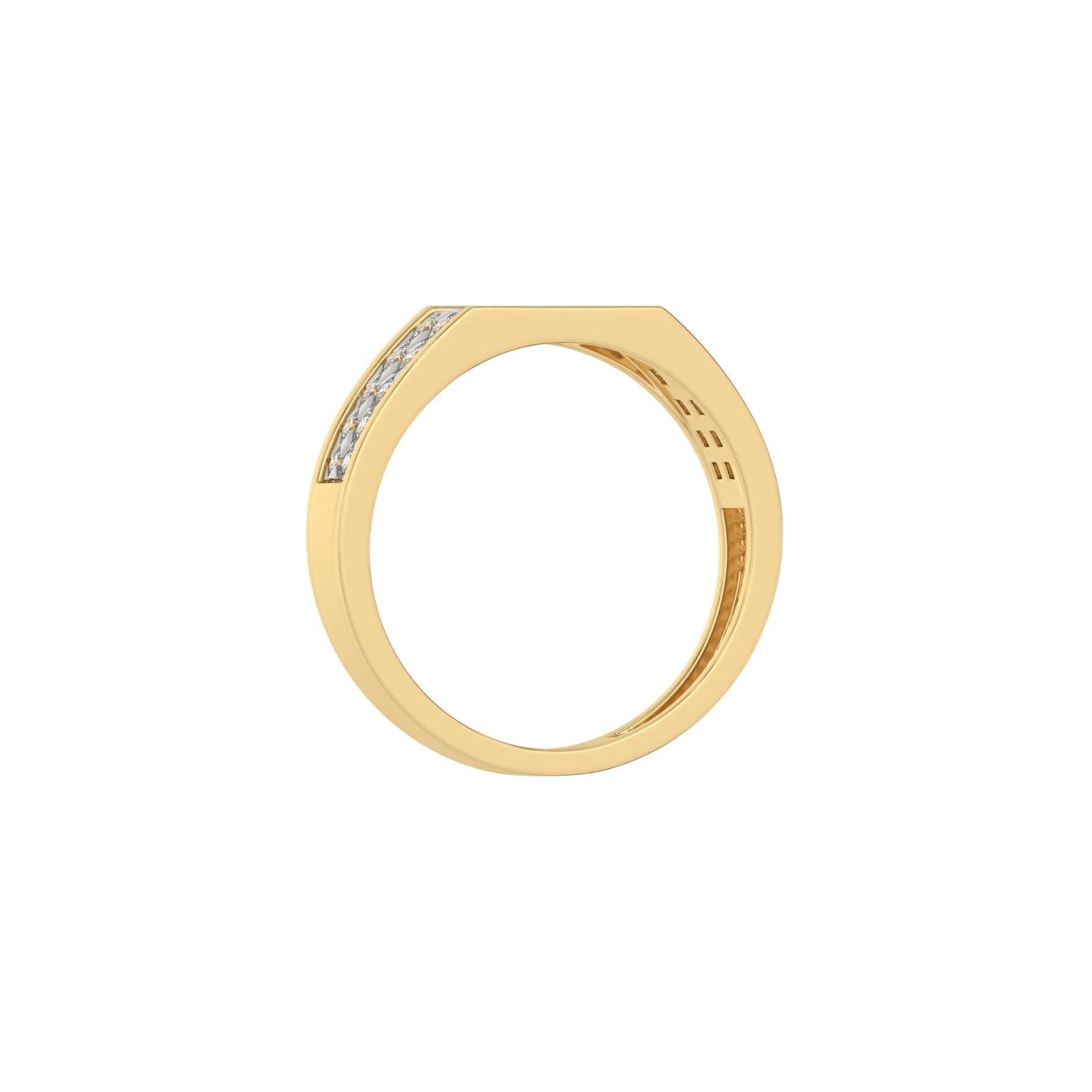 This yellow gold Indulge in elegance with our men dual-row diamond ring, adorned with two rows of round brilliant-cut diamonds meticulously set in a shared prong setting in through finger view