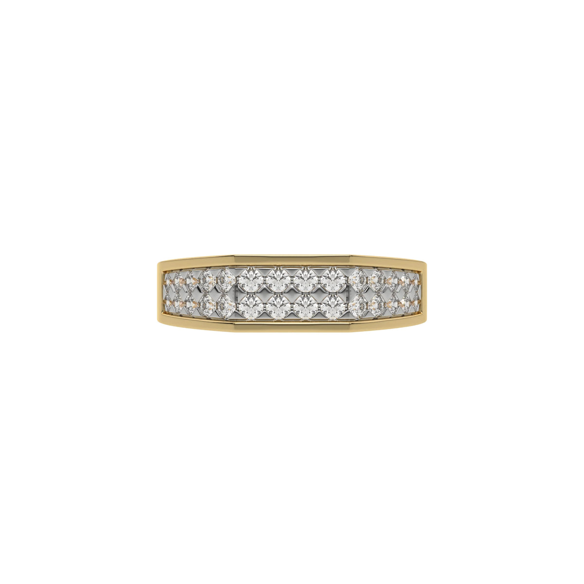 This yellow gold Indulge in elegance with our men dual-row diamond ring, adorned with two rows of round brilliant-cut diamonds meticulously set in a shared prong setting in top view