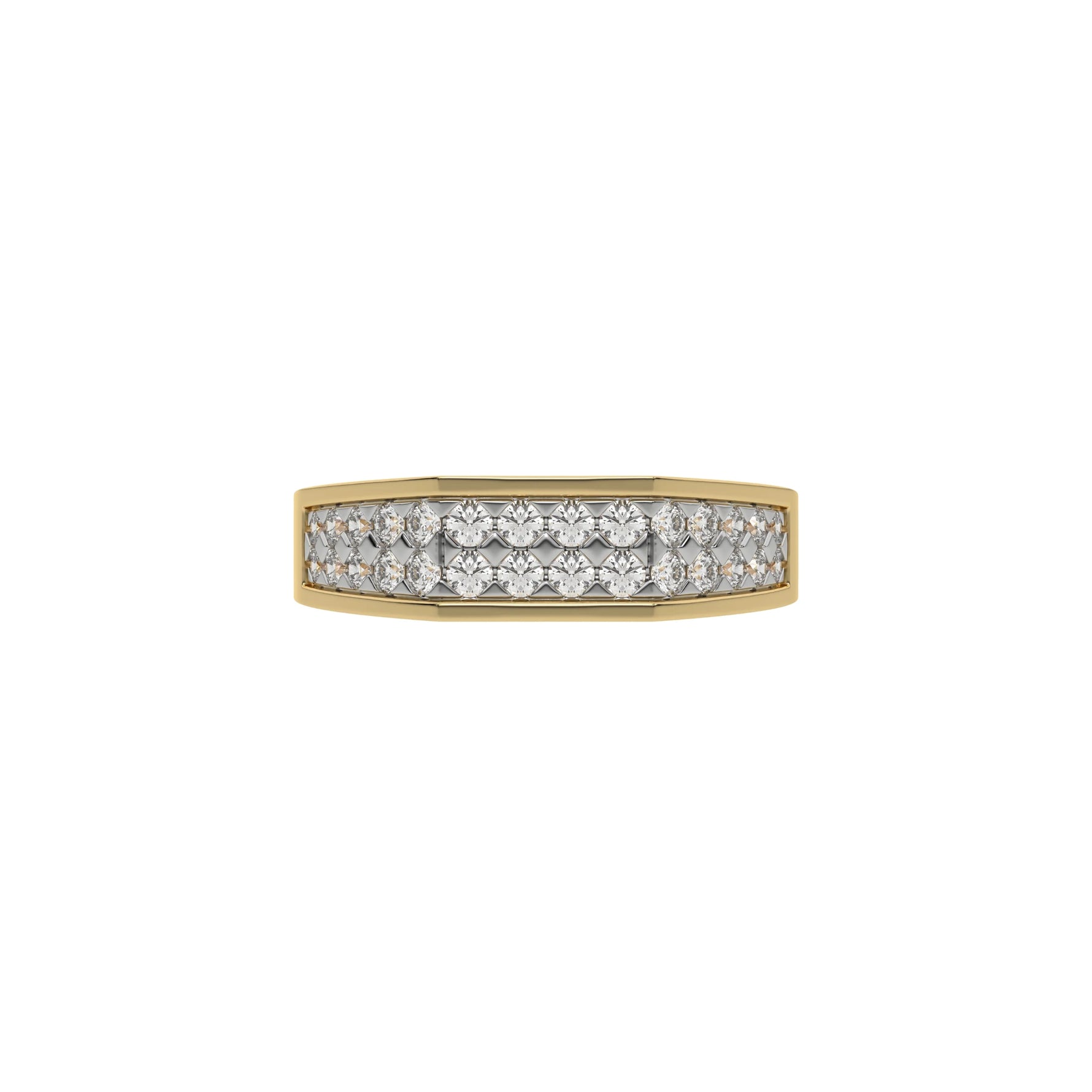 This yellow gold Indulge in elegance with our men dual-row diamond ring, adorned with two rows of round brilliant-cut diamonds meticulously set in a shared prong setting in top view