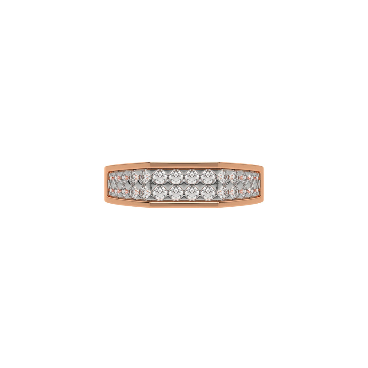 This rose gold Indulge in elegance with our men dual-row diamond ring, adorned with two rows of round brilliant-cut diamonds meticulously set in a shared prong setting in top view