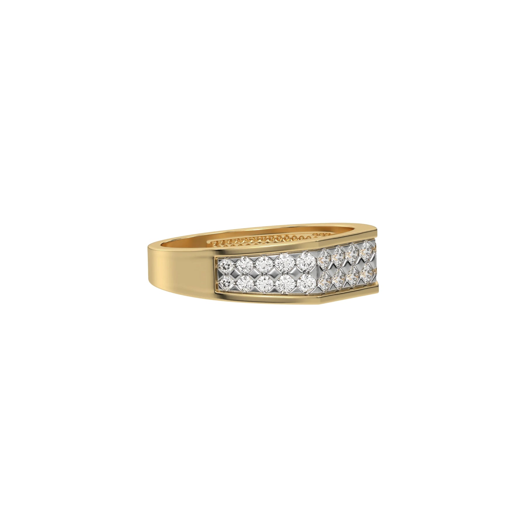 This yellow gold Indulge in elegance with our men dual-row diamond ring, adorned with two rows of round brilliant-cut diamonds meticulously set in a shared prong setting in side view