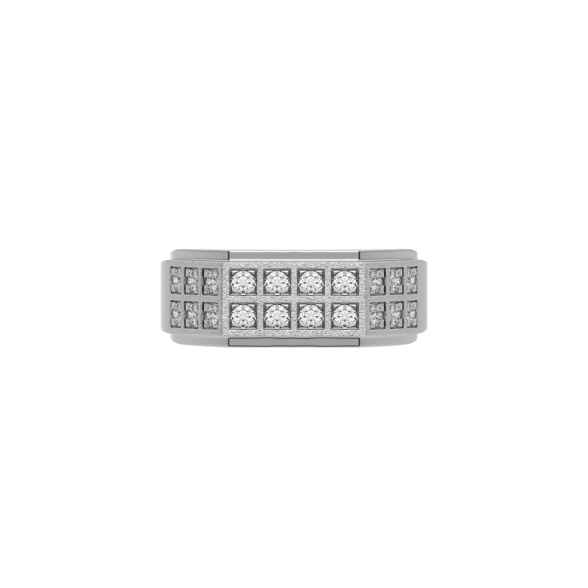 This two-tone dual row diamond ring features two rows of round brilliant-cut diamonds set in a shared prong setting in top view