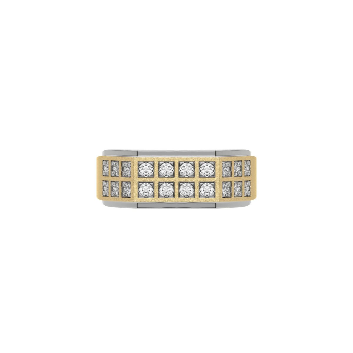 This two-tone dual row diamond ring features two rows of round brilliant-cut diamonds set in a shared prong setting in top view