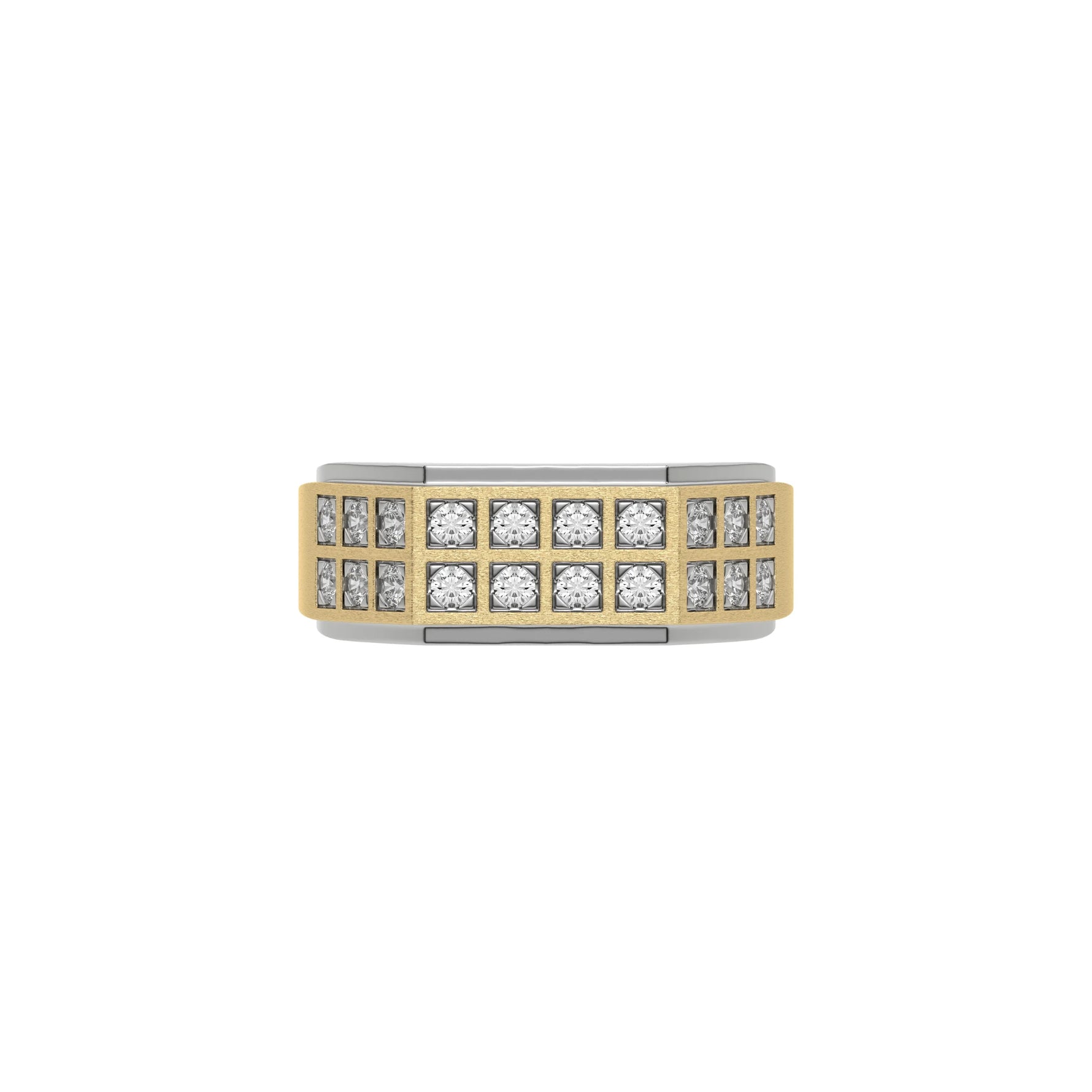 This two-tone dual row diamond ring features two rows of round brilliant-cut diamonds set in a shared prong setting in top view