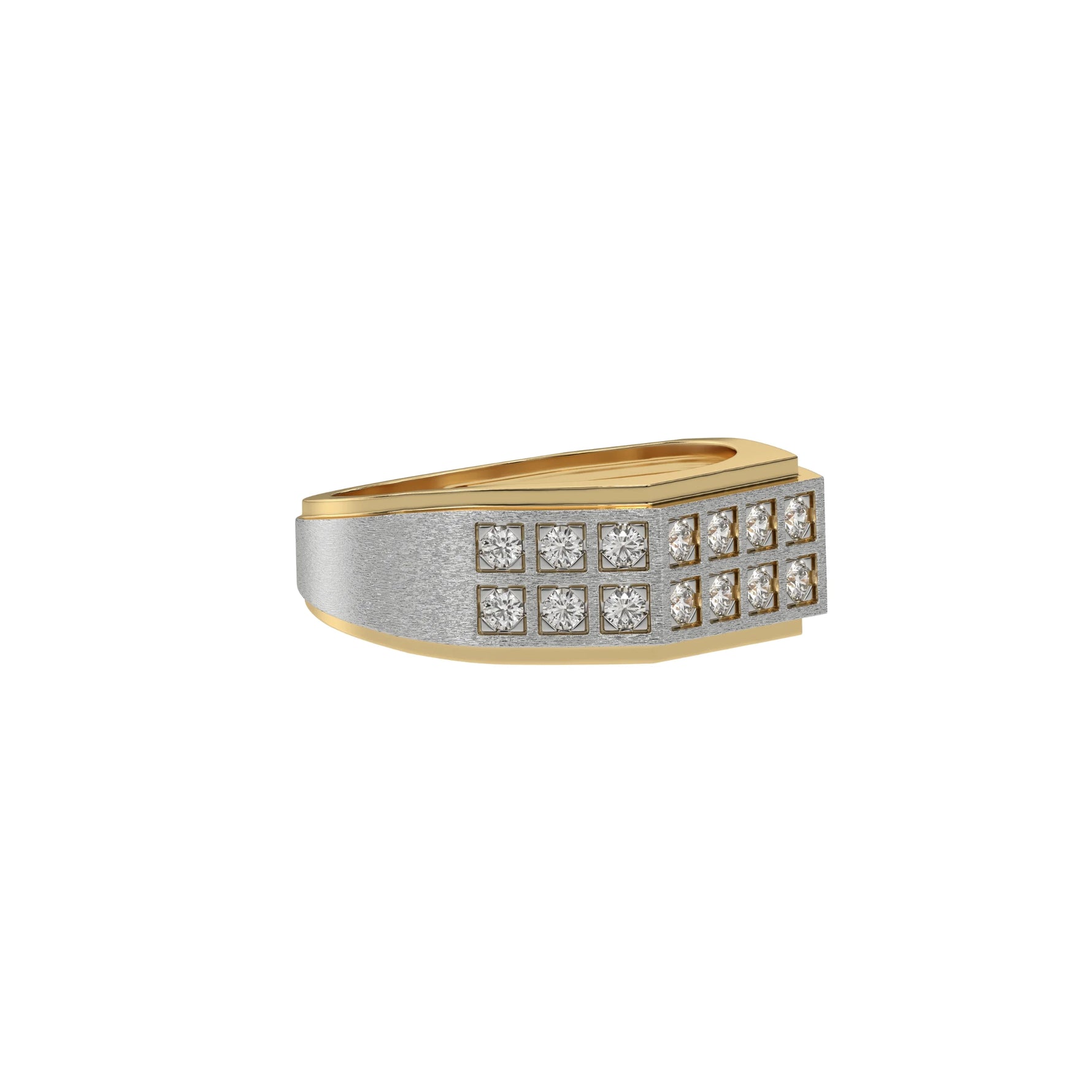 This two-tone dual row diamond ring features two rows of round brilliant-cut diamonds set in a shared prong setting in side view